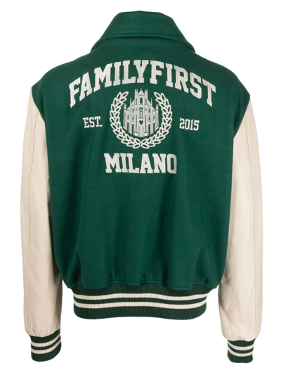 FAMILY FIRST BEIGE AND GREEN LEATHER BOMBER JACKET 
