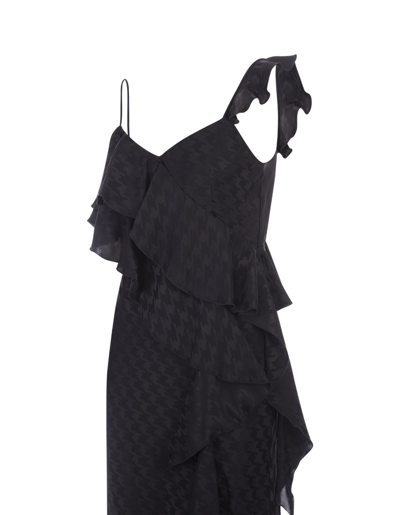 Shop Msgm Black Midi Dress With Ruffle And Houndstooth Pattern In Nero