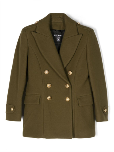 Shop Balmain Green Double-breasted Coat With Embossed Gold Buttons In Verde