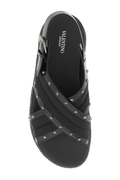 Shop Valentino Garavani Rockstud Nylon And Leather Sandals Men In Black