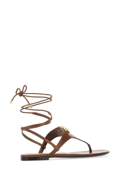 Shop Valentino Garavani Woman Brown Leather Vlogo Chain Thong Sandals