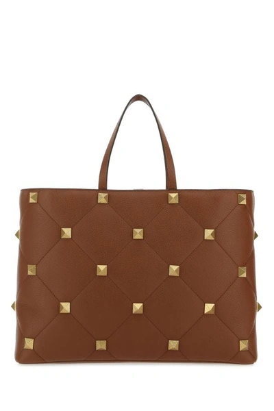 Shop Valentino Garavani Woman Caramel Leather Large Roman Stud Shopping Bag In Brown