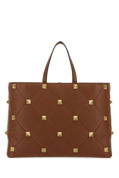 Shop Valentino Garavani Woman Caramel Leather Large Roman Stud Shopping Bag In Brown