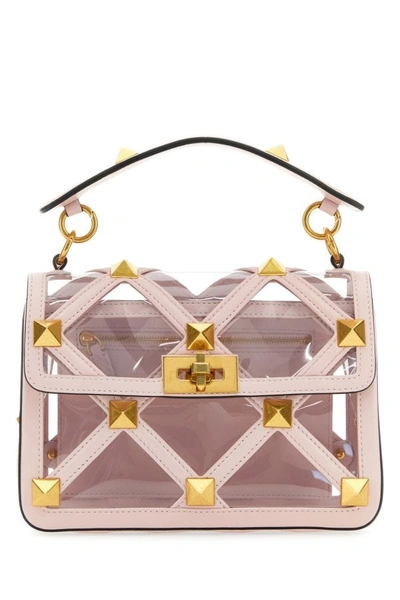 Shop Valentino Garavani Woman Pastel Pink Polymeric Material And Leather Medium Roman Stud Handbag