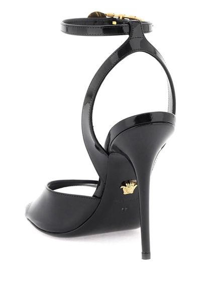 Shop Versace 'safety Pin' Patent Leather Sandals Women In Black