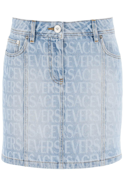 Shop Versace Monogram Denim Mini Skirt Women In Blue