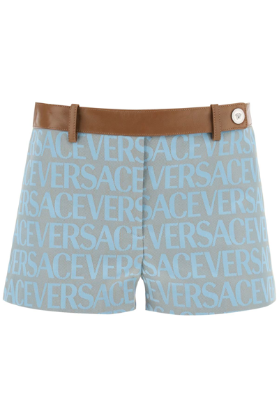 Shop Versace Monogram Shorts With Leather Band Women In Blue