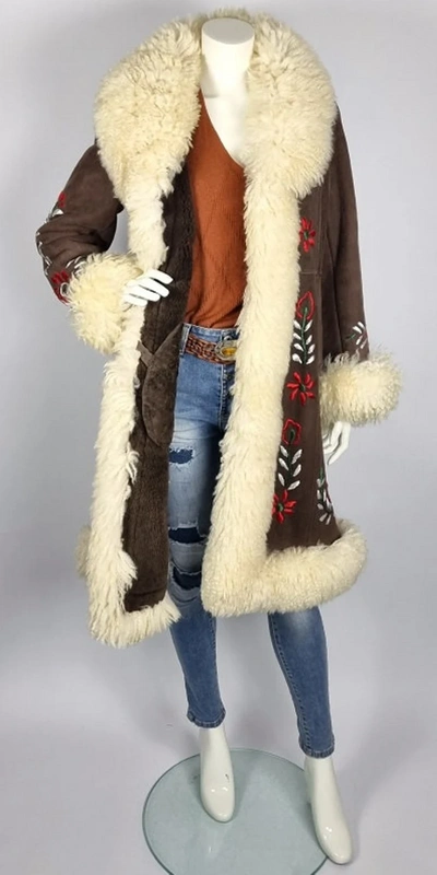 Pre-owned Vintage Long  1960s Afghan Penny Lane Coat With Natural Sheep Fur - Sheepskin In Brown