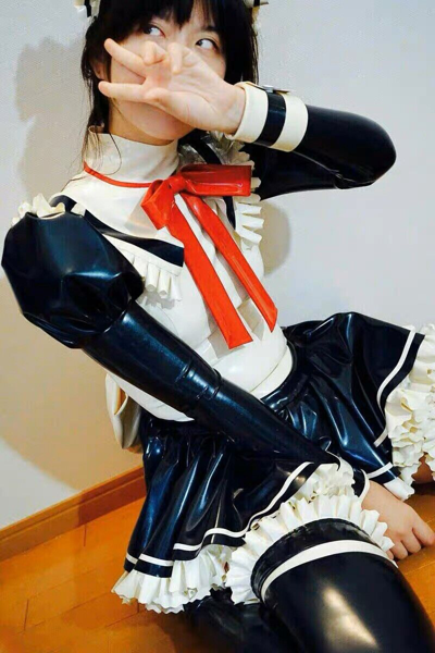 Pre-owned Handmade Latex Catsuit Rubber Maid Uniform Dress Black With White Trim Tie Bowknot Corset