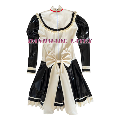 Shop Pre-owned Handmade Latex Catsuit Rubber Maid Uniform Dress Black With White Trim Tie Bowknot Corset