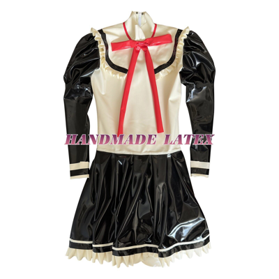 Pre-owned Handmade Latex Catsuit Rubber Maid Uniform Dress Black With White Trim Tie Bowknot Corset