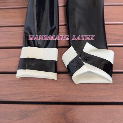 Pre-owned Handmade Latex Catsuit Rubber Maid Uniform Dress Black With White Trim Tie Bowknot Corset
