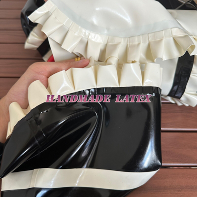 Shop Pre-owned Handmade Latex Catsuit Rubber Maid Uniform Dress Black With White Trim Tie Bowknot Corset