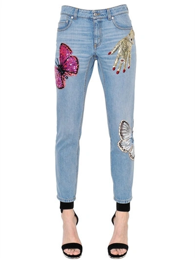 Alexander Mcqueen Surreal Embellished Cotton Denim Jeans In Blue