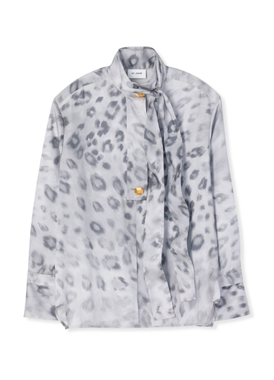 Shop St John Painted Leopard Print Tie Neck Top In Light Gray Multi