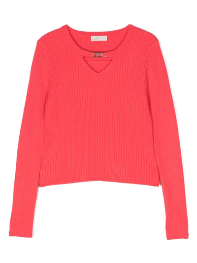 Shop Michael Kors Cut-out Ribbed-knit Sweatshirt In Rosa