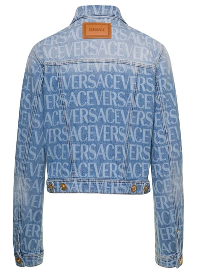 Shop Versace Short Light Blue Jacket With All-over Logo And Branded Buttons In Cotton Denim Woman
