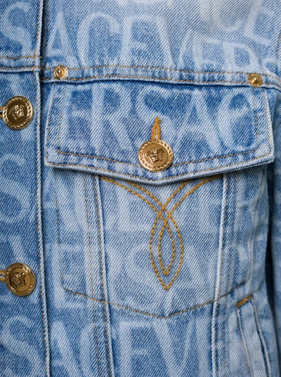 Shop Versace Short Light Blue Jacket With All-over Logo And Branded Buttons In Cotton Denim Woman