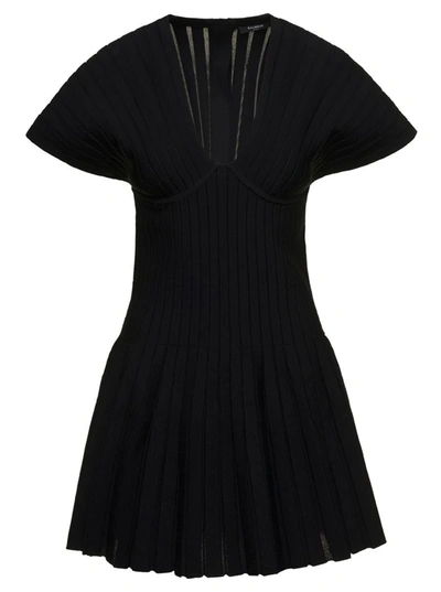 Shop Balmain Short Sleeves Pleated Knit Short Dress In Black