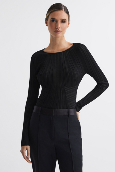 Reiss Black Sheer Knitted Long Sleeve Top In Black