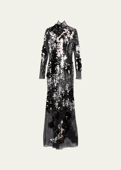 Shop Tom Ford Mixed Sequin Embroidered Mesh Gown In Black &amp; Si