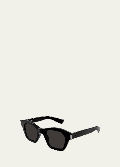 Shop Saint Laurent Sl 592 Acetate Rectangle Sunglasses In Shiny Solid Black