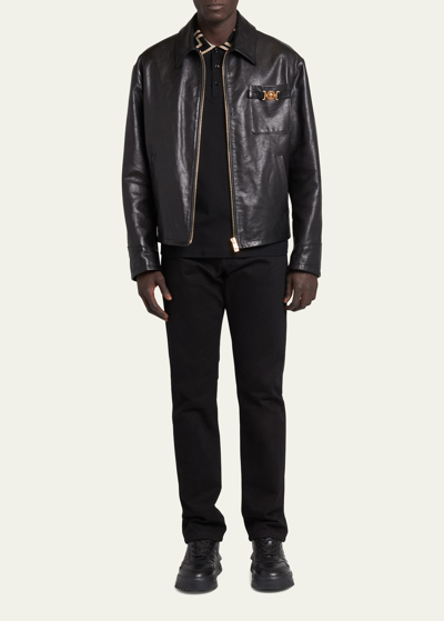 Shop Versace Men's Medusa Biggie Hardware Leather Blouson Jacket In Black