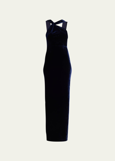 Shop Roland Mouret Asymmetric Halter Velvet Column Gown In Navy