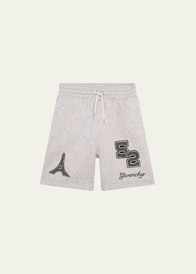 Shop Givenchy Boy's Logo-print Embroidered Graphic Shorts In A01-grey Marl