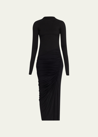 Shop Helmut Lang Long-sleeve Ruched Bodycon Maxi Dress In Bslt Black