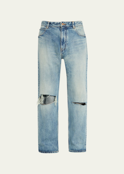 Shop Balenciaga Men's Loose Knee-rip Jeans In Pacifique