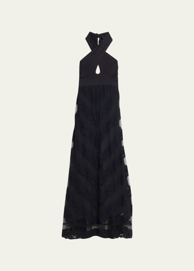 Shop Loveshackfancy Carlotti Lace Appliqué Halter Maxi Dress In Black