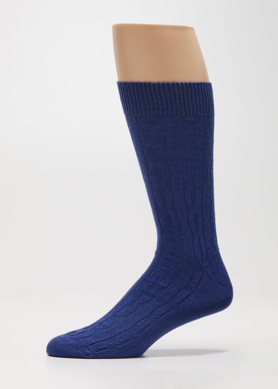 Shop Bresciani Men's Cashmere Cable Knit Mid-calf Socks In 21322 Blue