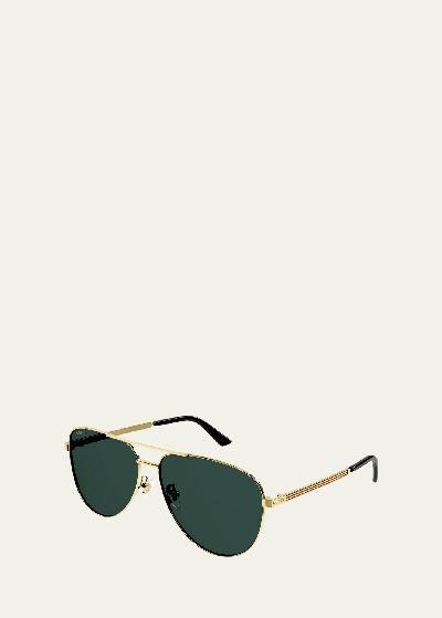 Shop Gucci Men's Striped Logo Metal Aviator Sunglasses In Gold