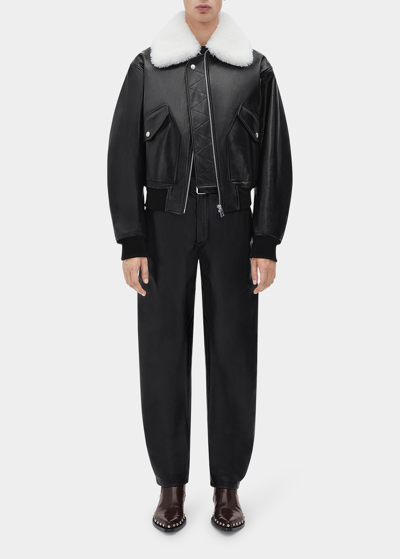 Shop Bottega Veneta Men's Leather Shearling-collar Aviator Blouson Jacket In Titanium