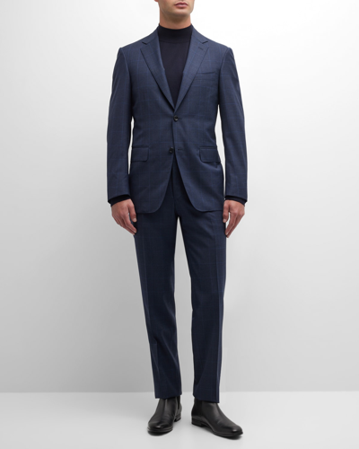 Shop Canali Men's Textured Windowpane Wool Suit In Blue