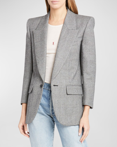 Shop Saint Laurent Micro-check Wool Blazer Jacket In Noir Craie