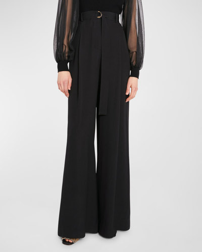 Shop Ulla Johnson Lydia Belted Satin Back Crepe Wide-leg Pants In Noir