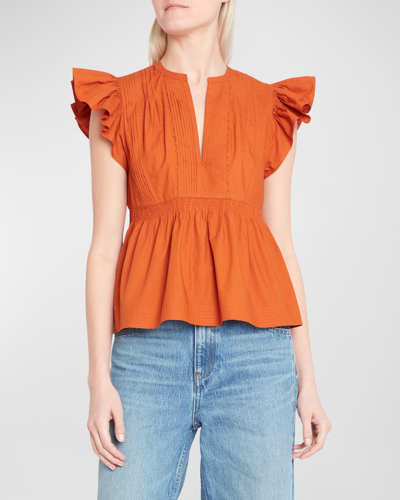 Shop Ulla Johnson Luise Ruffle-sleeve Cotton Poplin Top In Saffron