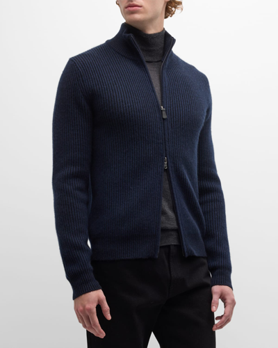 Shop Neiman Marcus Men's Ribbed Full-zip Cashmere Sweater In Navy