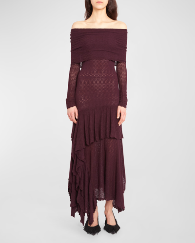 Shop Ulla Johnson Ambrosia Pointelle Off-shoulder Tiered Maxi Dress In Mahogany