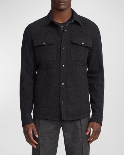 Shop Ralph Lauren Purple Label Men's Brushed Shirt Jacket With Suede Trim In Charcoal