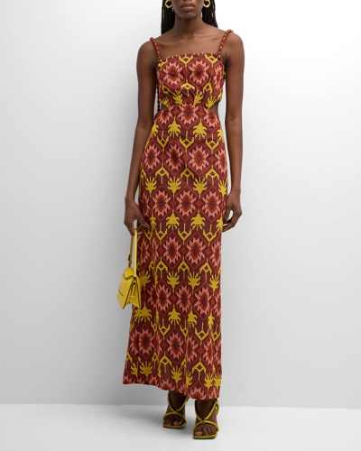 Shop Johanna Ortiz Braided History Embroidered Self-tie Back-cutout Maxi Dress In Geometric Redmust