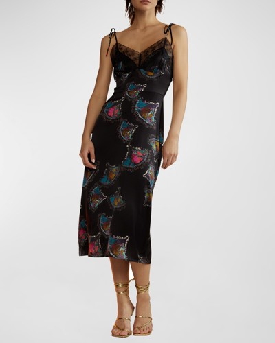 Shop Cynthia Rowley Lace-trim Abstract-print Silk Midi Slip Dress In Blkmul