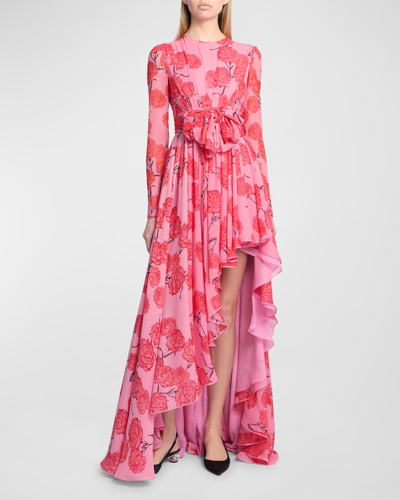 Shop Giambattista Valli Floral-print Bow Long-sleeve Side-slit Silk Gown In Rosered