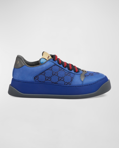 Shop Gucci Men's Double Screener Canvas Low-top Sneakers In Multi Blue