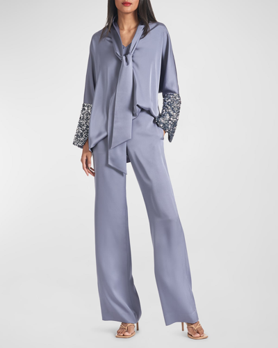 Sachin & Babi Reid Sequin-cuff Tie-neck Satin Crepe Top In Coolgrey