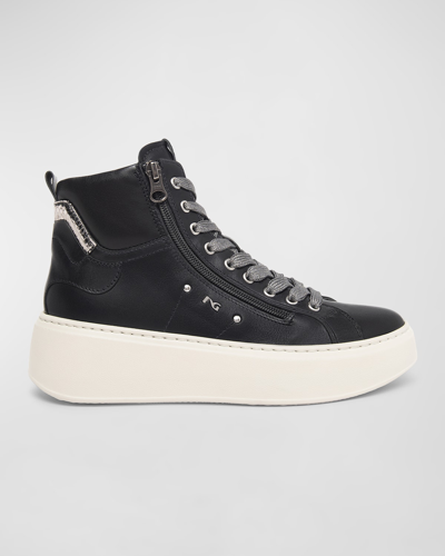 Shop Nerogiardini Leather Zipper High-top Wedge Sneakers In Black