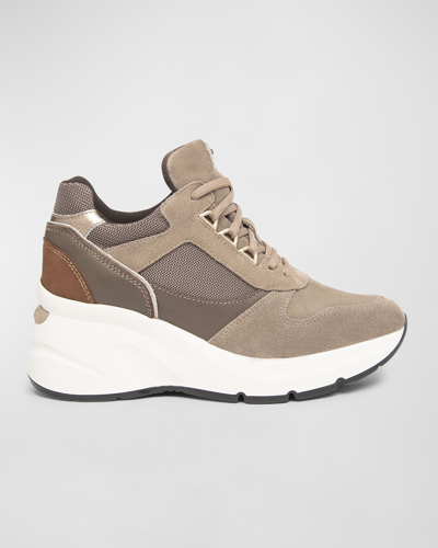 Shop Nerogiardini Mixed Leather Wedge Runner Sneakers In Taupe