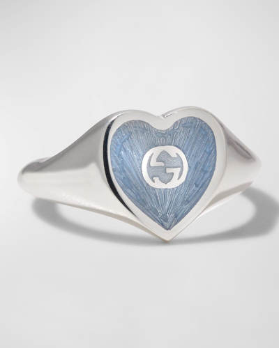 Shop Gucci Sterling Silver Interlocking G Heart Enamel Ring In Blue